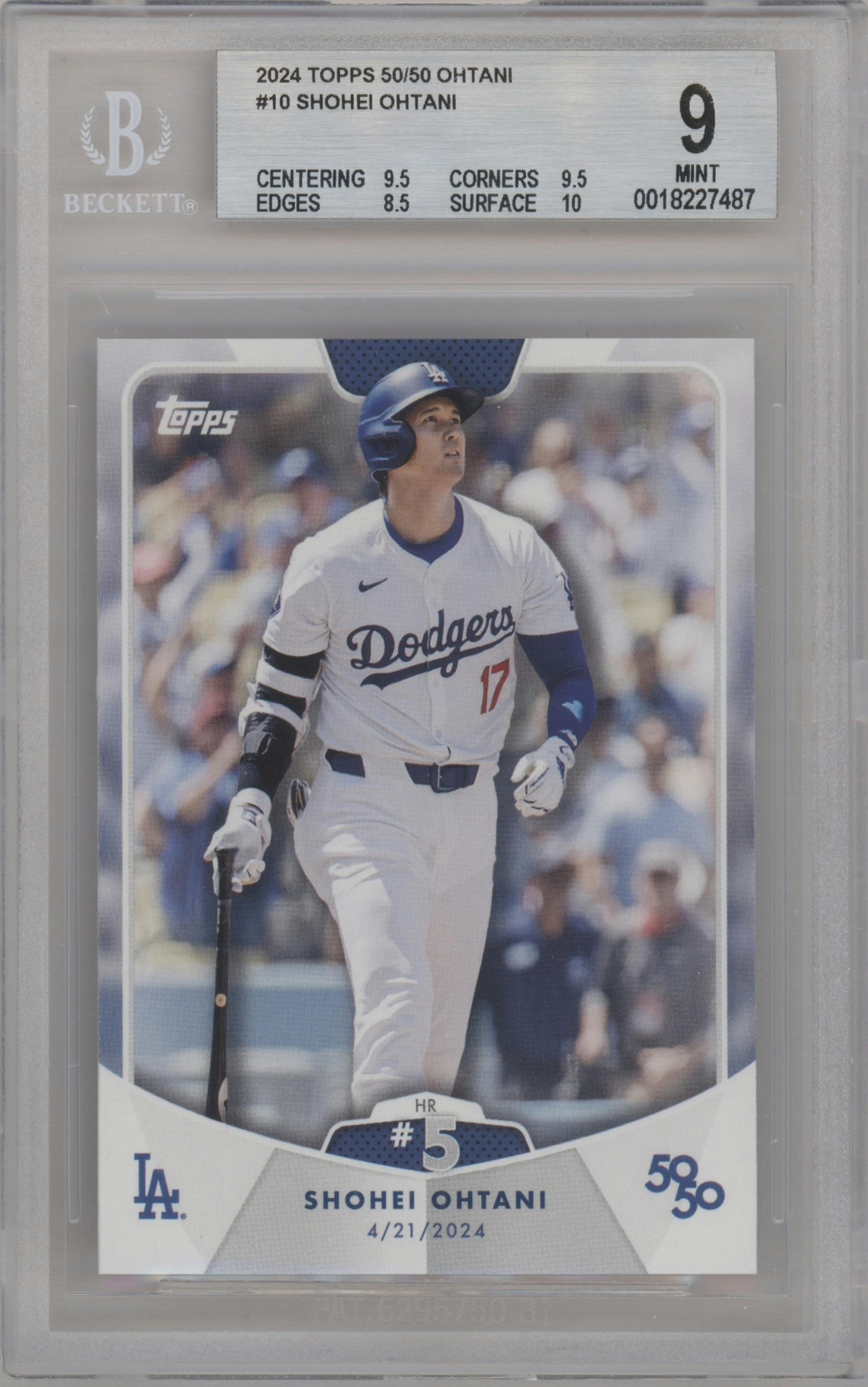 Shohei Ohtani from the 2024 Topps 50/50 set graded by Beckett and given an overall grade of 9.