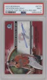 Jackson Holliday from the 2023 Bowman  set featuring a Red Refractor parallel graded by PSA and given an overall grade of 9.