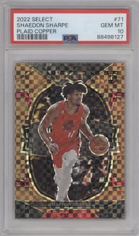 Shaedon Sharpe from the 2022-23 Panini Select set featuring a  Copper Plaid parallel graded by PSA and given an overall grade of 10.