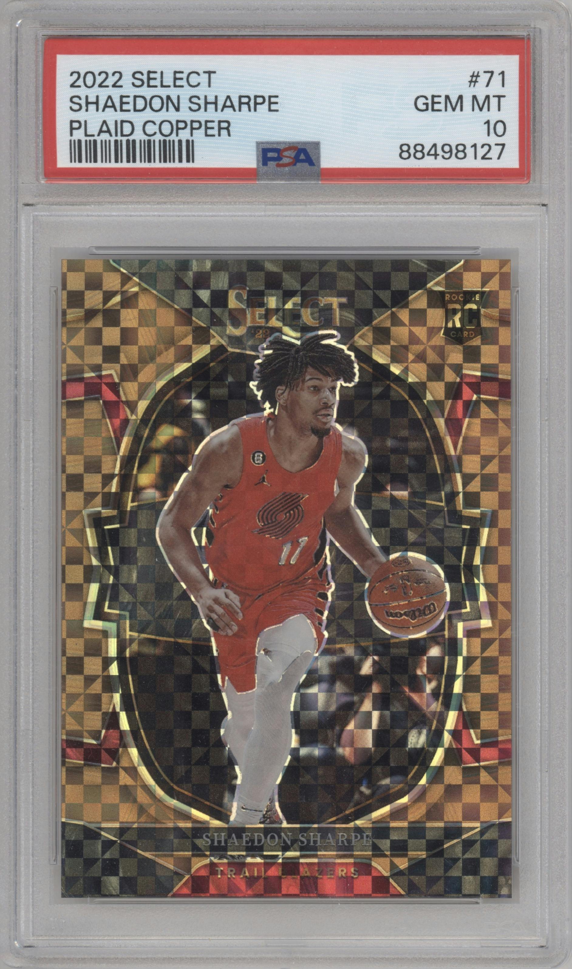 Shaedon Sharpe from the 2022-23 Panini Select set featuring a  Copper Plaid parallel graded by PSA and given an overall grade of 10.