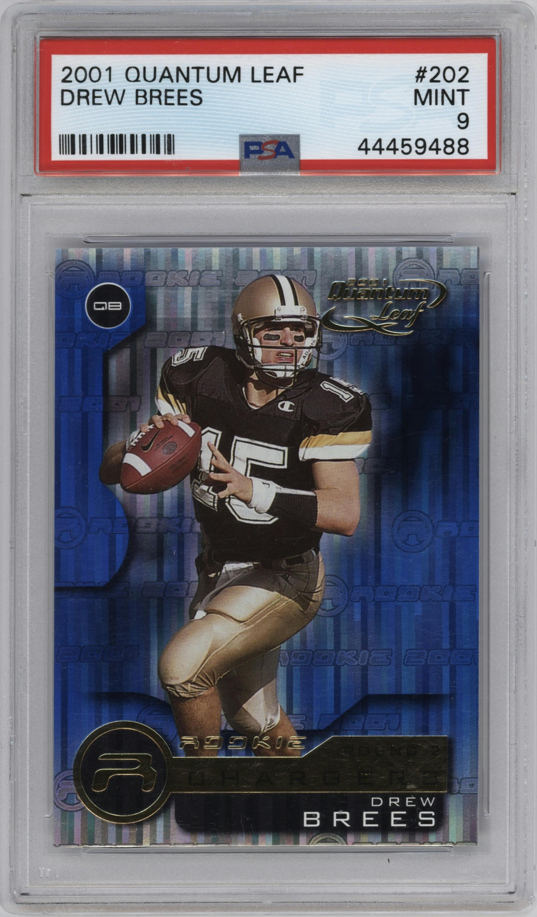 Drew Brees  from the 2001 Quantum Leaf set graded by PSA and given an overall grade of 9.