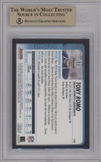 Tony Romo  from the 2003 Bowman Chrome set graded by Beckett and given an overall grade of 9.5.