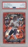 Justin Fields from the 2021 Panini Prizm set featuring a Red Ice parallel graded by PSA and given an overall grade of 10.