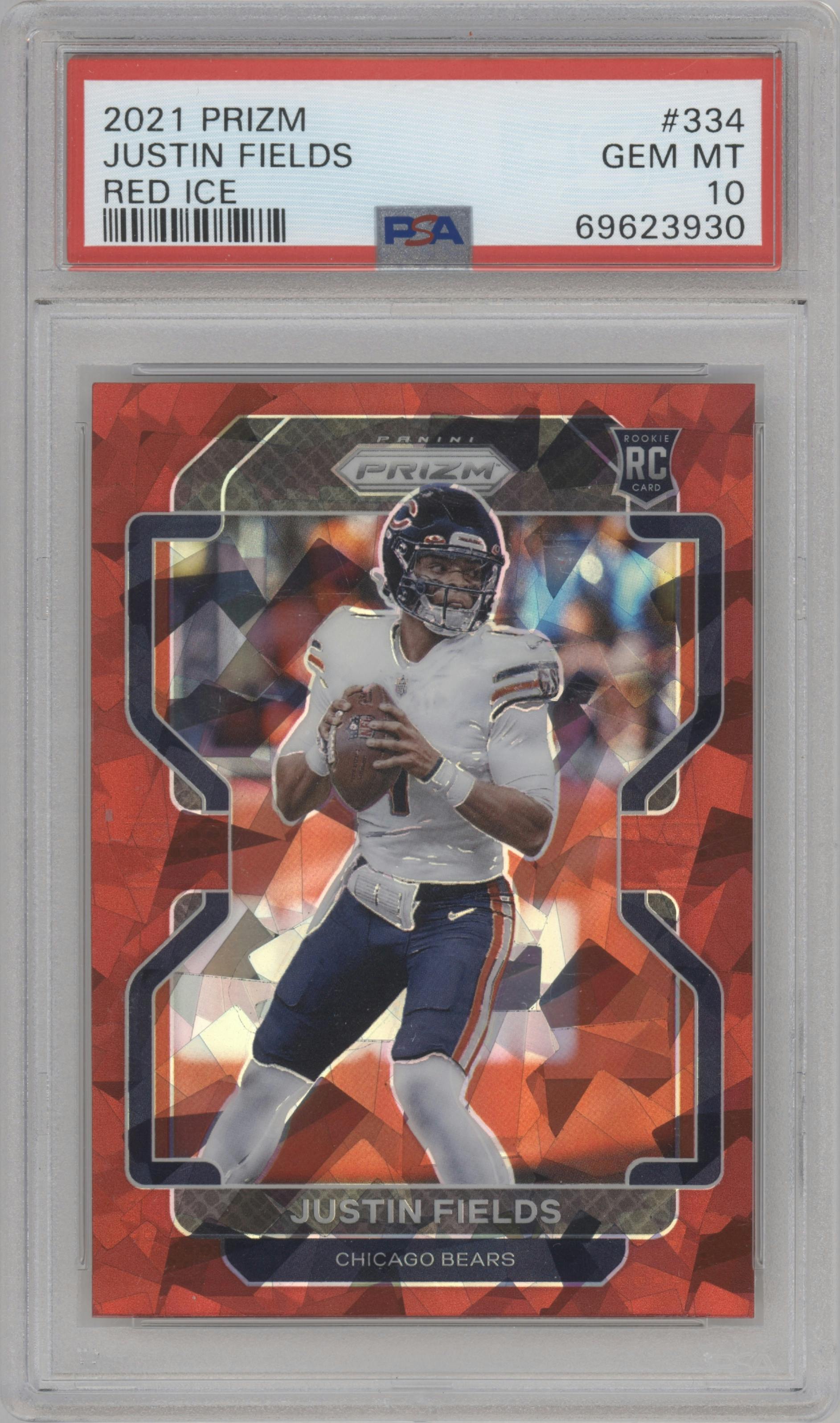 Justin Fields from the 2021 Panini Prizm set featuring a Red Ice parallel graded by PSA and given an overall grade of 10.