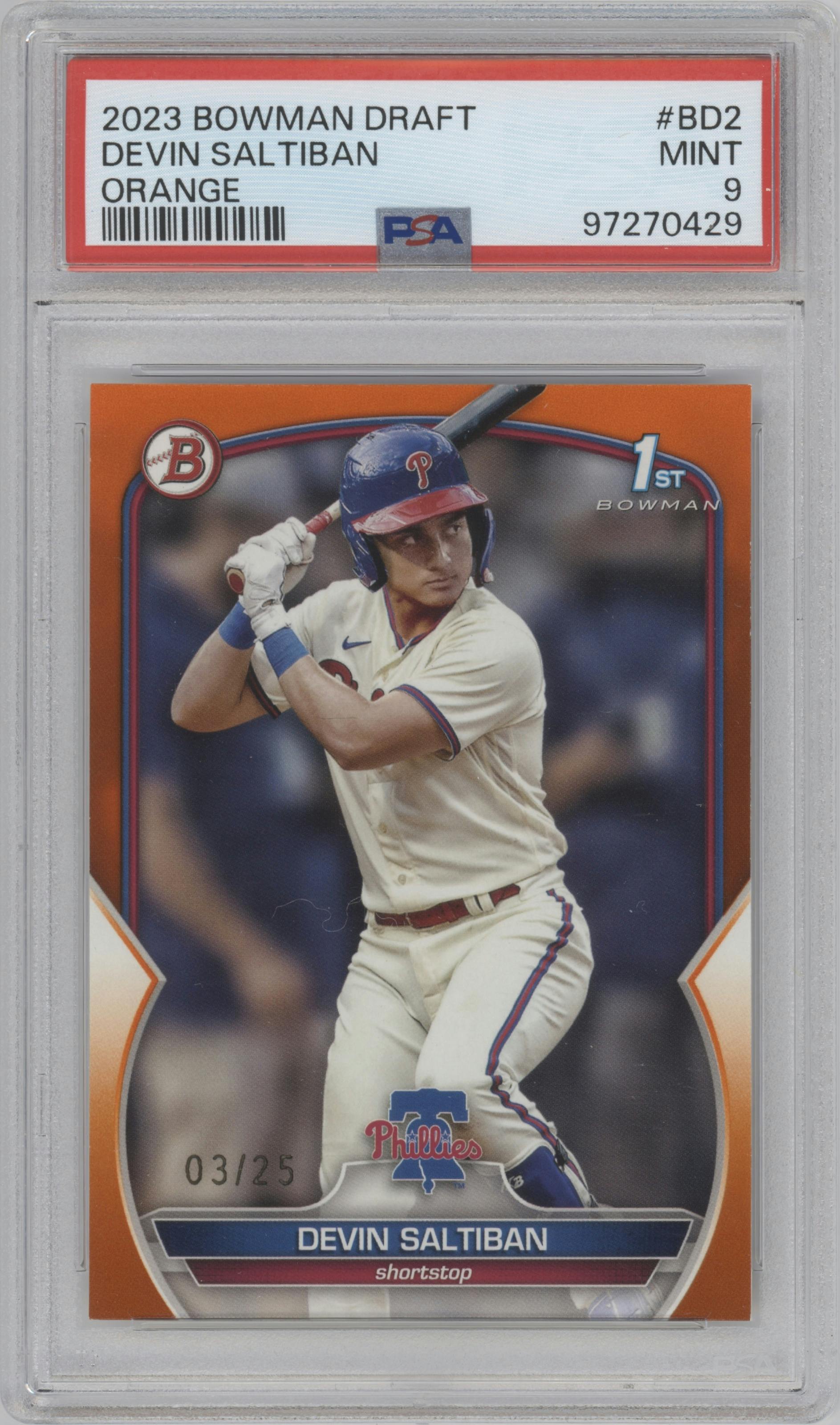 Devin Saltiban from the 2023 Bowman Draft set featuring a Orange parallel graded by PSA and given an overall grade of 9.
