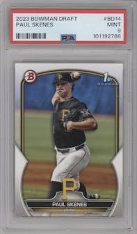 Paul Skenes from the 2023 Bowman Draft set graded by PSA and given an overall grade of 9.