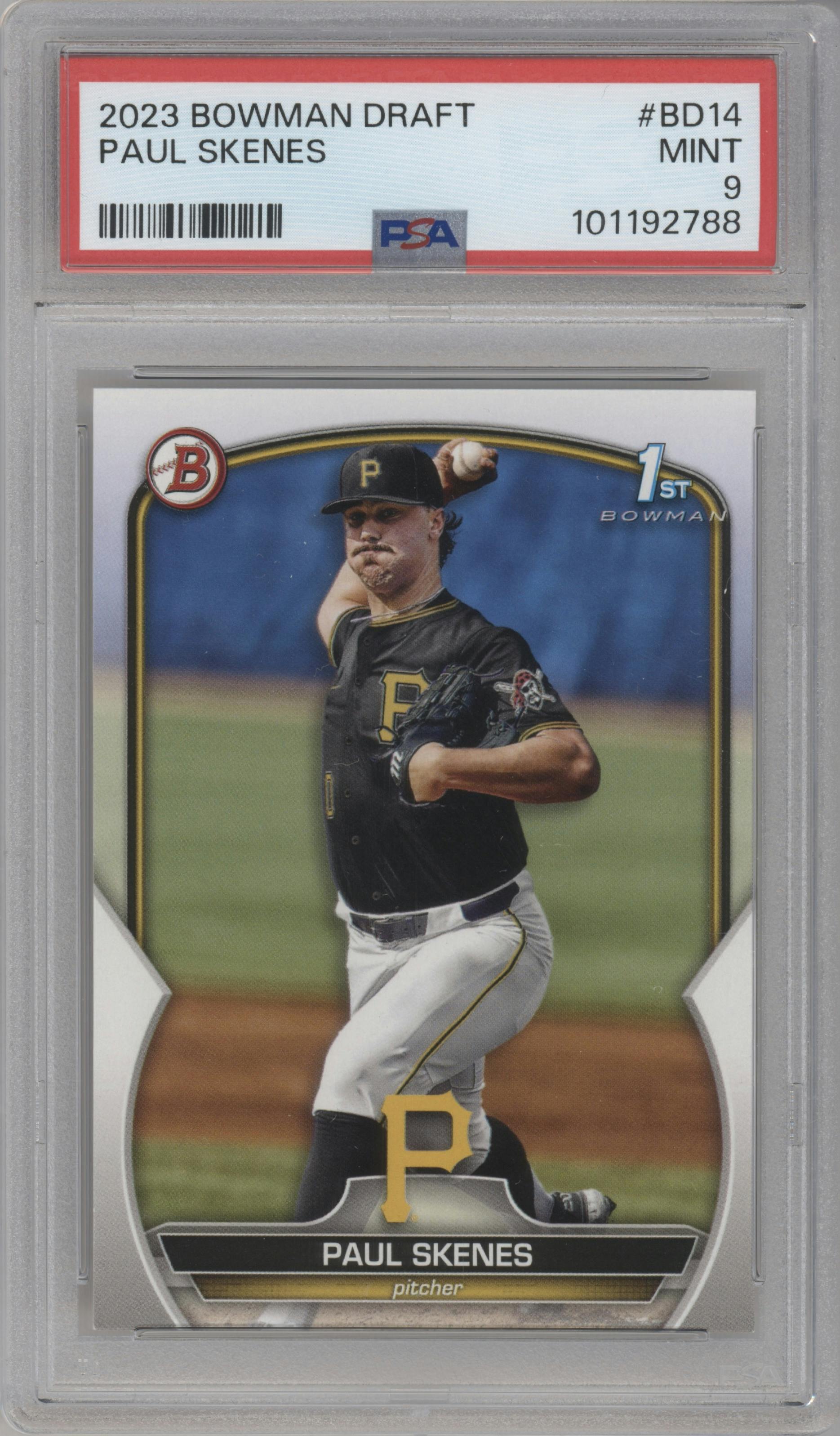 Paul Skenes from the 2023 Bowman Draft set graded by PSA and given an overall grade of 9.
