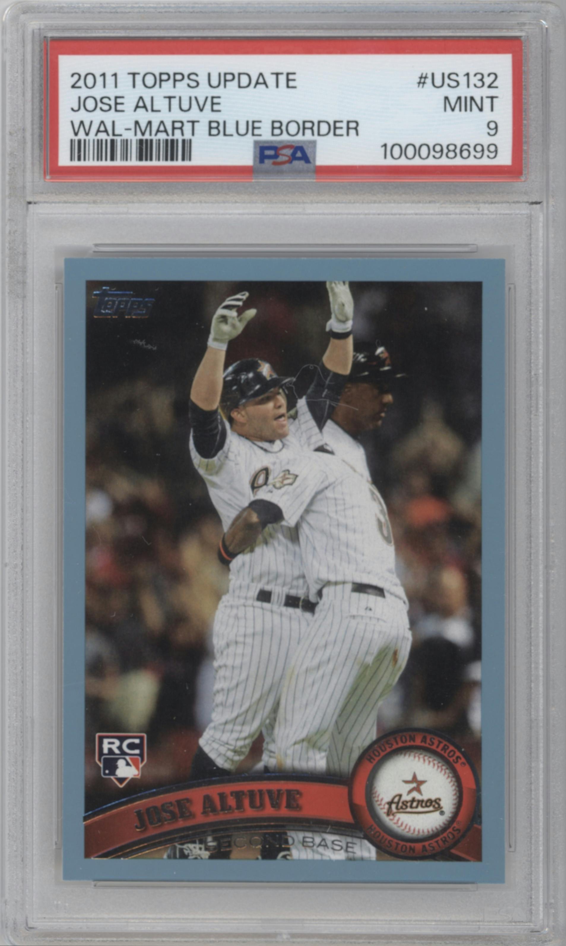 Jose Altuve from the 2011 Topps Update set featuring a Walmart Blue Border parallel graded by PSA and given an overall grade of 9.