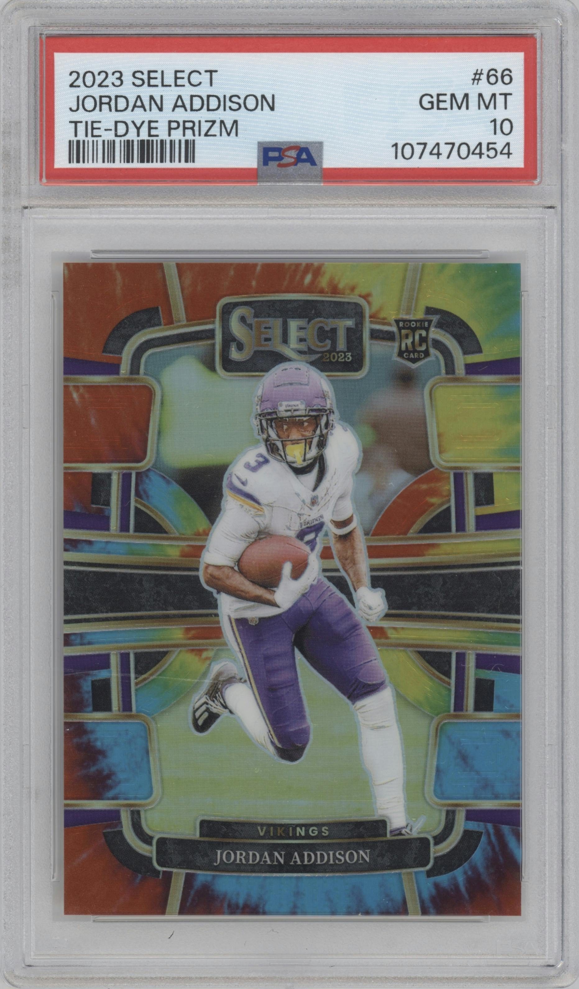 Jordan Addison from the 2023 Panini Select set featuring a Tie-Dye parallel graded by PSA and given an overall grade of 10.