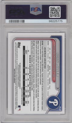 Aidan Miller from the 2024 Bowman Mega Box set featuring a Blue Mega Refractors parallel graded by PSA and given an overall grade of 10.