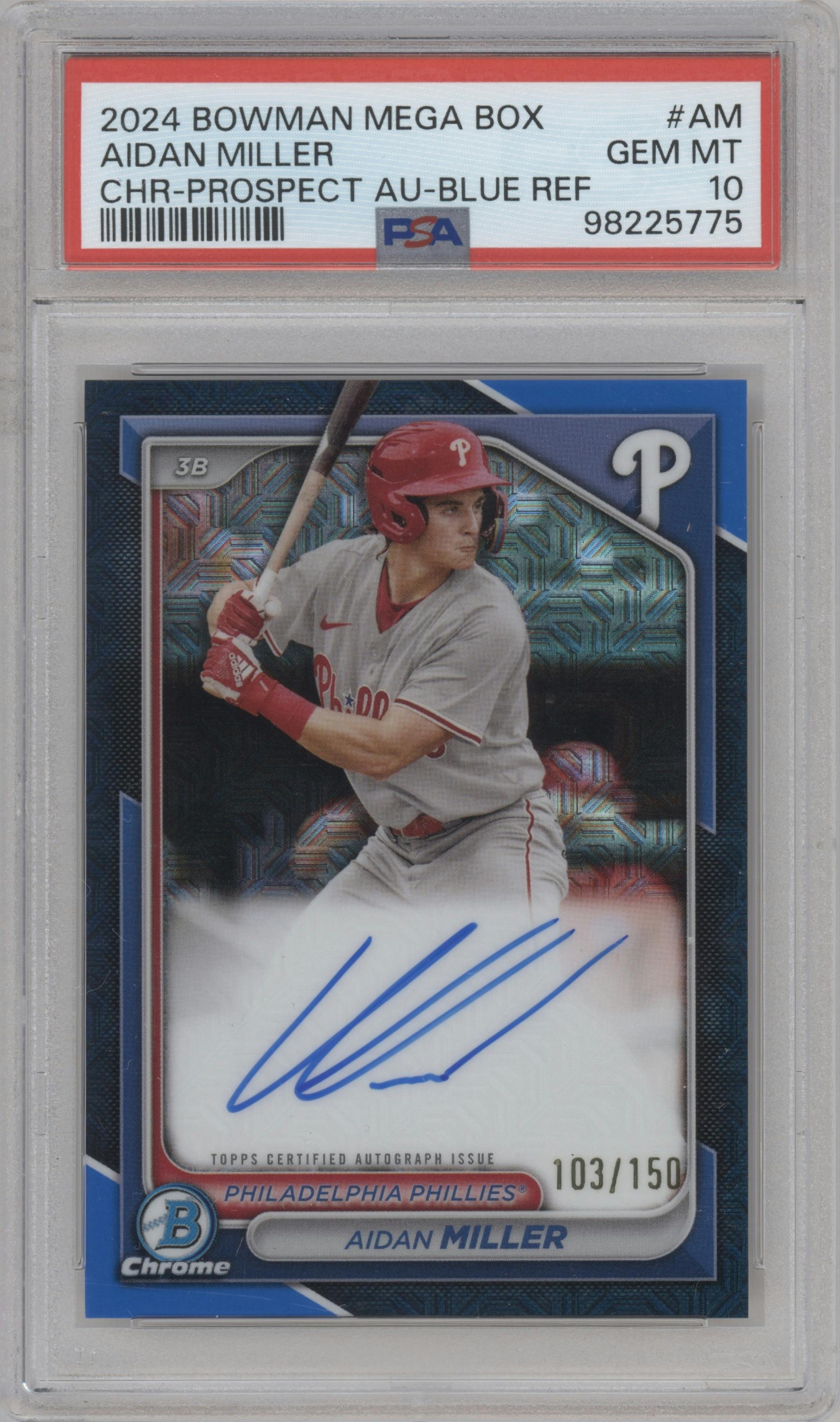 Aidan Miller from the 2024 Bowman Mega Box set featuring a Blue Mega Refractors parallel graded by PSA and given an overall grade of 10.