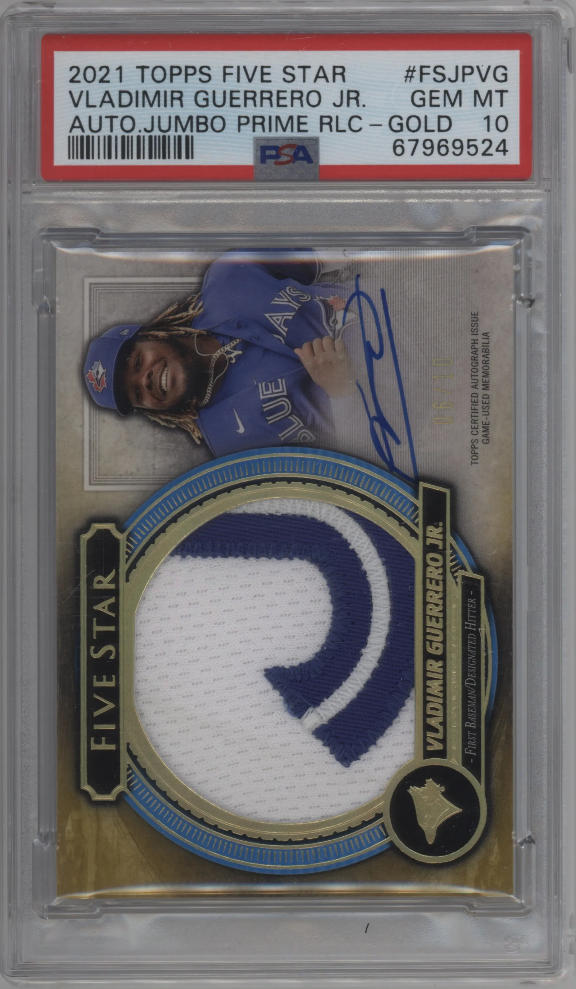 Vladimir Guerrero Jr. from the 2021 Topps Five Star set featuring a Gold parallel graded by PSA and given an overall grade of 10.