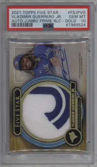 Vladimir Guerrero Jr. from the 2021 Topps Five Star set featuring a Gold parallel graded by PSA and given an overall grade of 10.