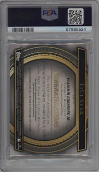 Vladimir Guerrero Jr. from the 2021 Topps Five Star set featuring a Gold parallel graded by PSA and given an overall grade of 10.