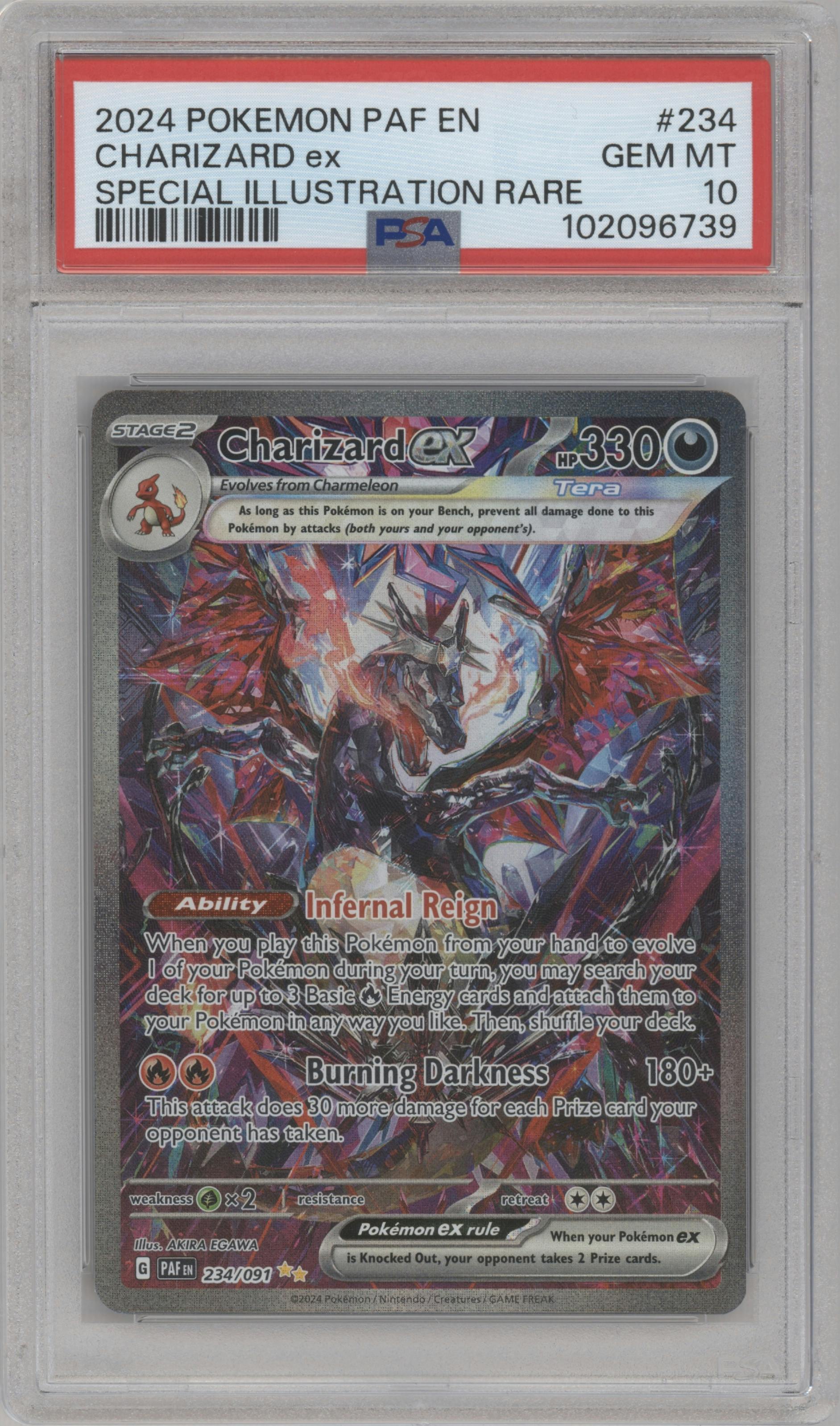 Charizard ex from the 2024 Pokemon SV set graded by PSA and given an overall grade of 10.