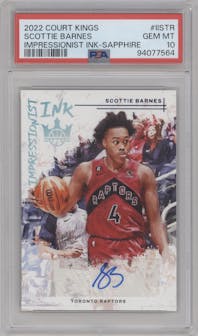 Scottie Barnes from the 2022-23 Panini Court Kings set featuring a Sapphire parallel graded by PSA and given an overall grade of 10.