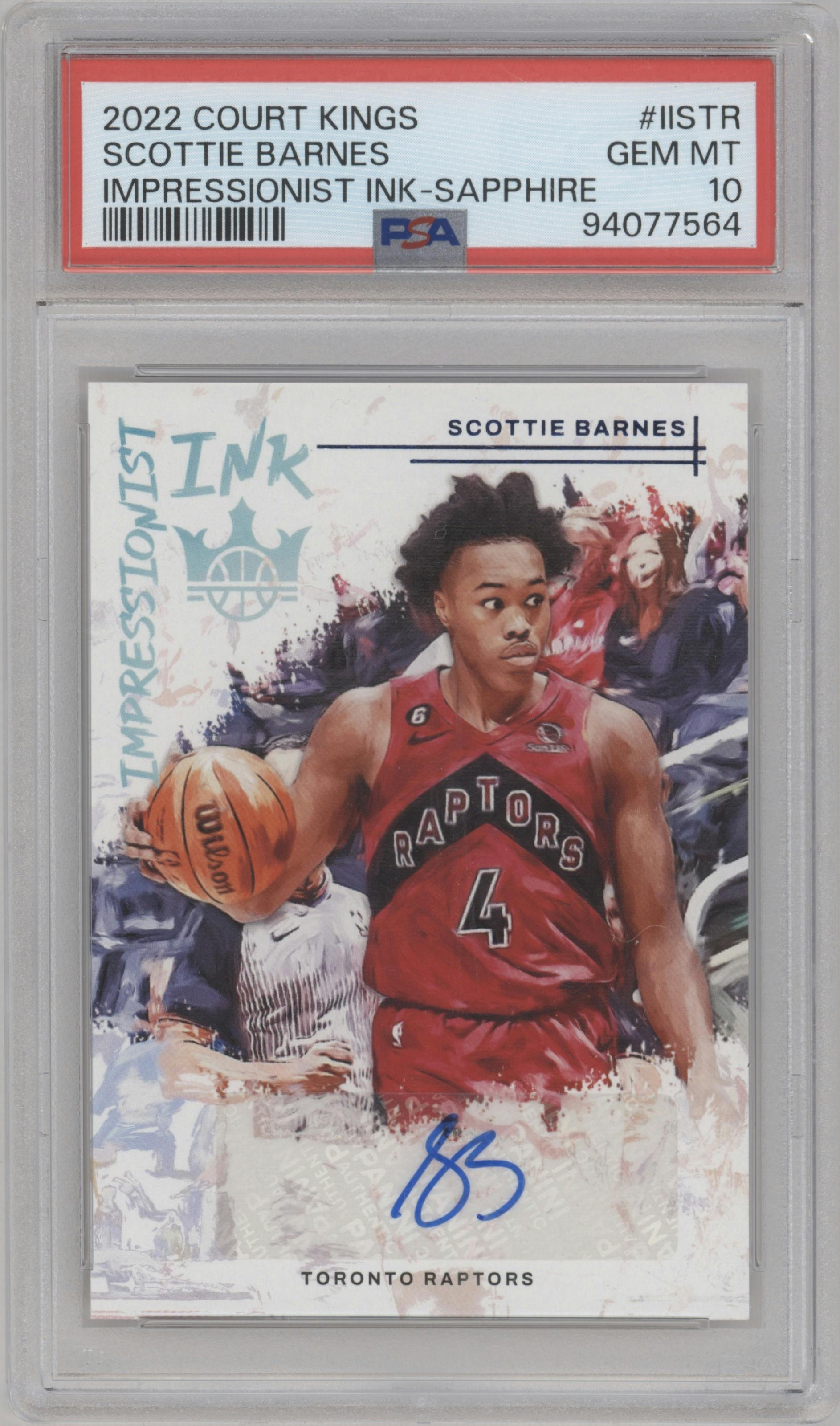 Scottie Barnes from the 2022-23 Panini Court Kings set featuring a Sapphire parallel graded by PSA and given an overall grade of 10.