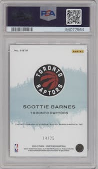 Scottie Barnes from the 2022-23 Panini Court Kings set featuring a Sapphire parallel graded by PSA and given an overall grade of 10.