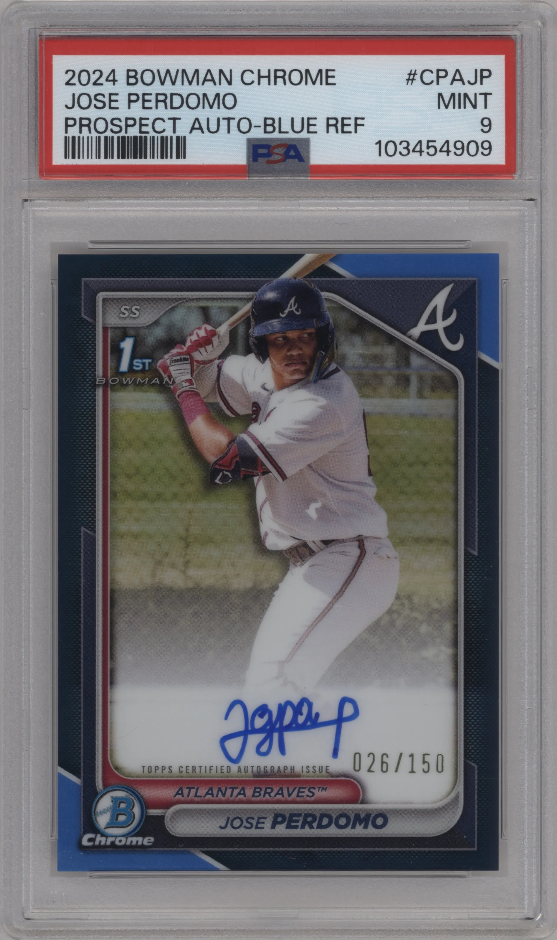 2024 Bowman Chrome Chr.Pros.Auto Jose Perdomo Blue Refractor PSA 9