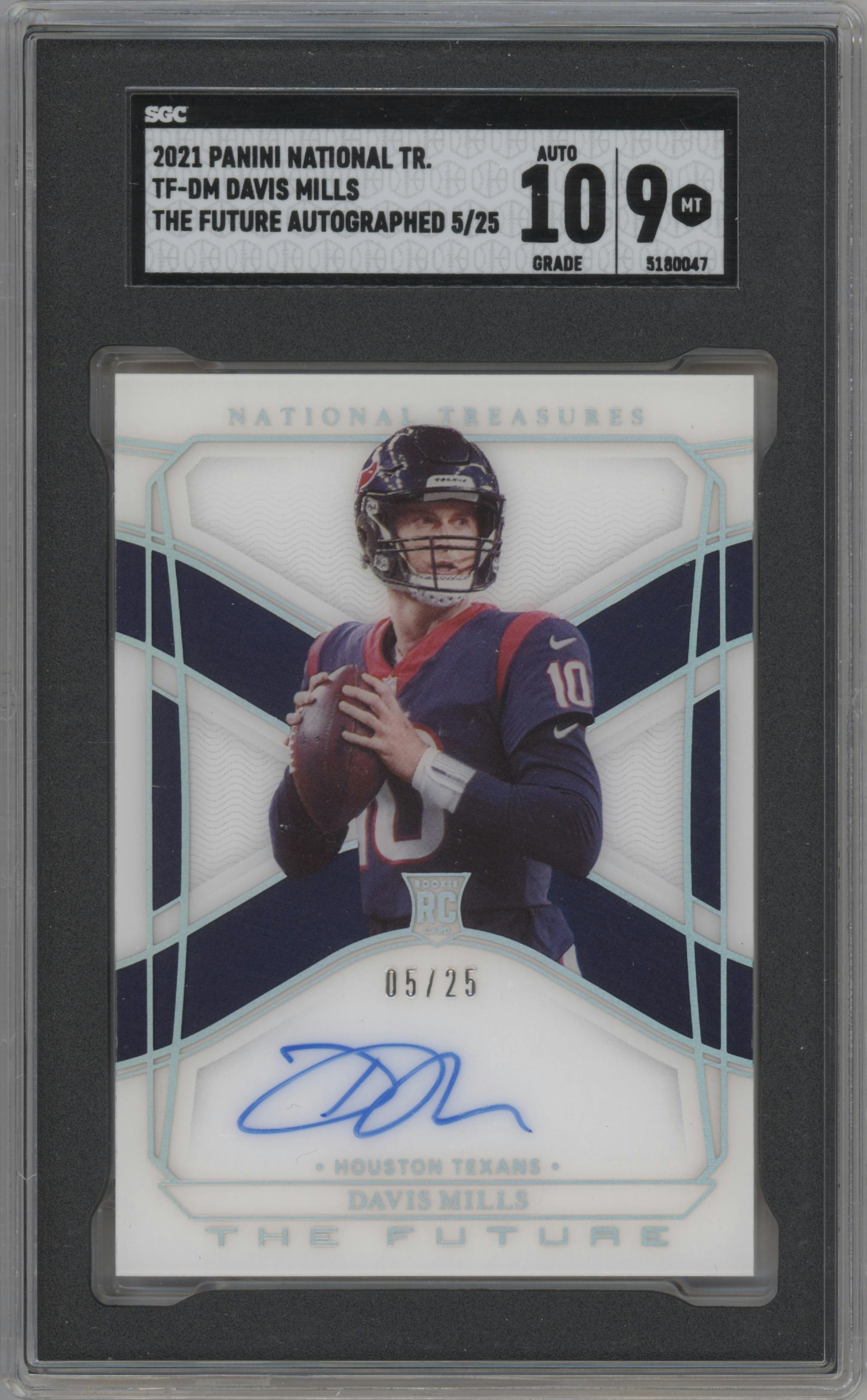 Davis Mills from the 2021 Panini National Treasures set graded by SGC and given an overall grade of 9.