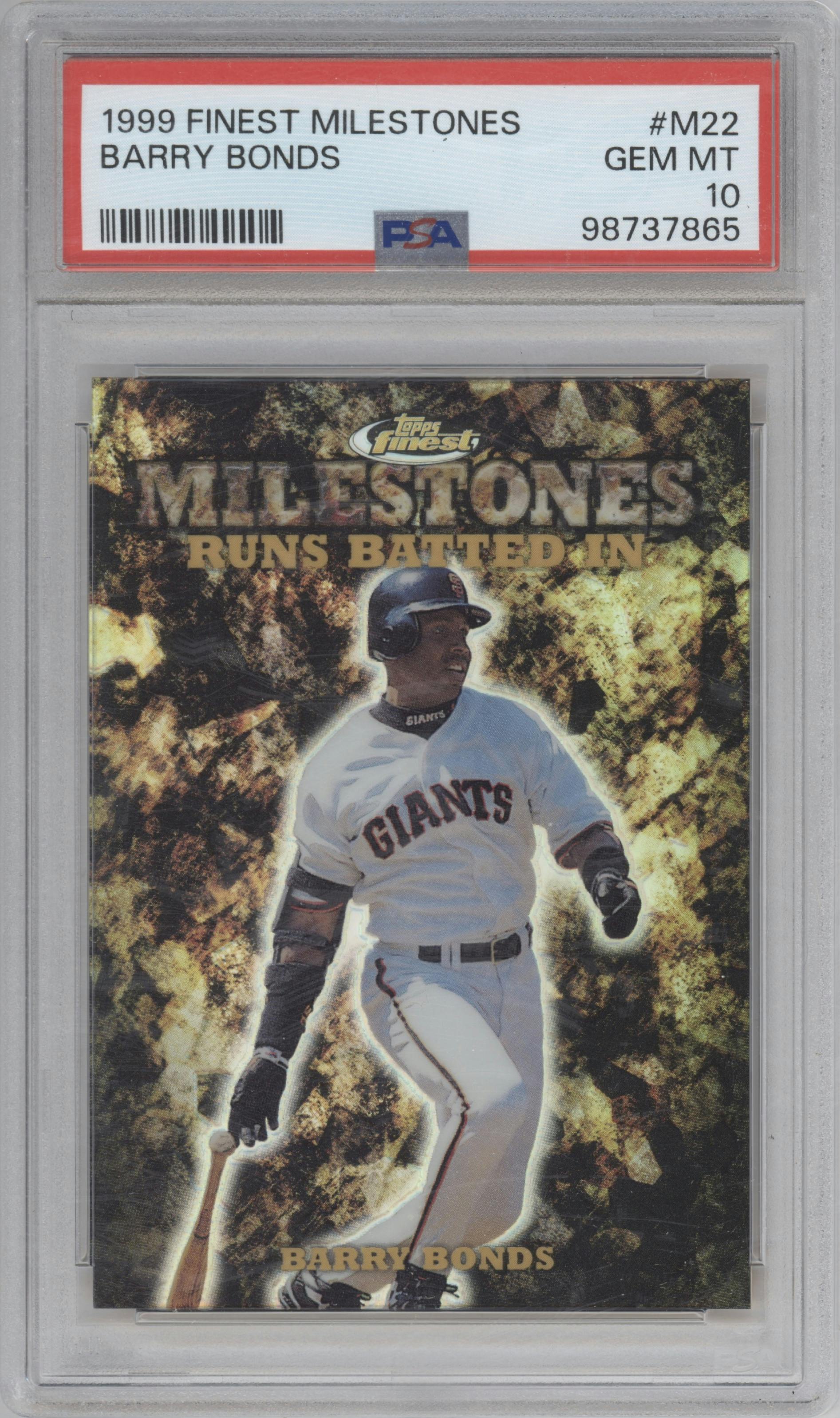 Barry Bonds from the 1999 Topps Finest set graded by PSA and given an overall grade of 10.
