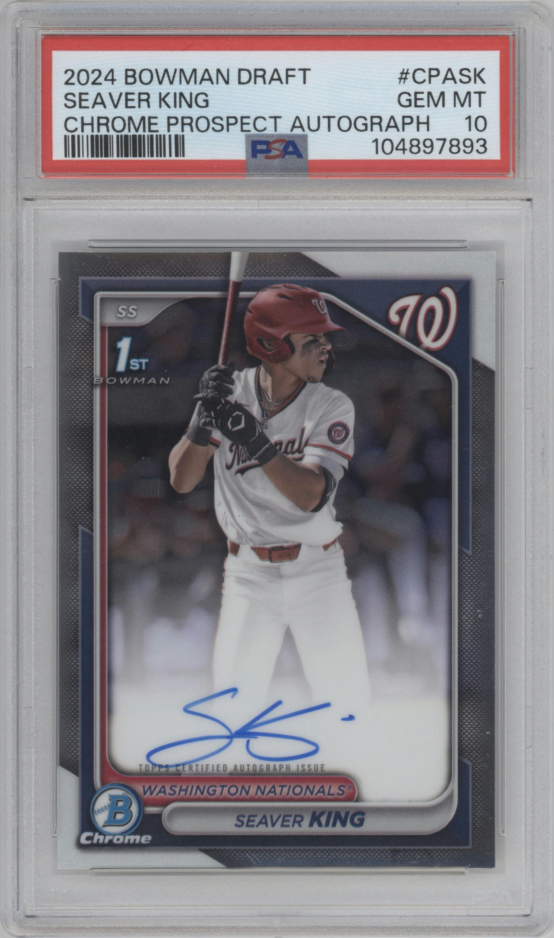Seaver King from the 2024 Bowman Draft set graded by PSA and given an overall grade of 10.