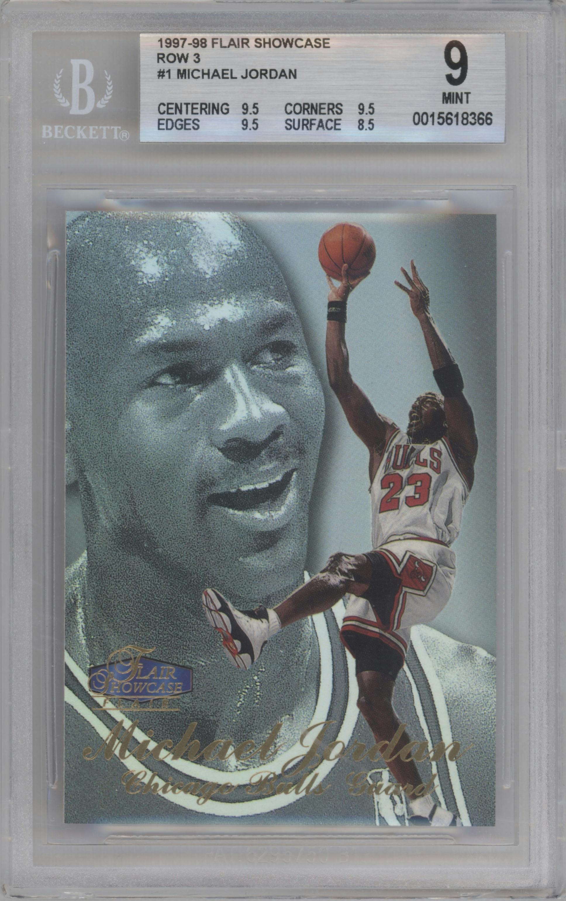 Michael Jordan from the 1997-98 Flair Showcase set graded by Beckett and given an overall grade of 9.