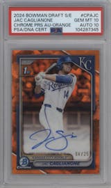 Jac Caglianone from the 2024 Bowman Draft Sapphire Edition set featuring a Orange parallel graded by PSA and given an overall grade of 10.