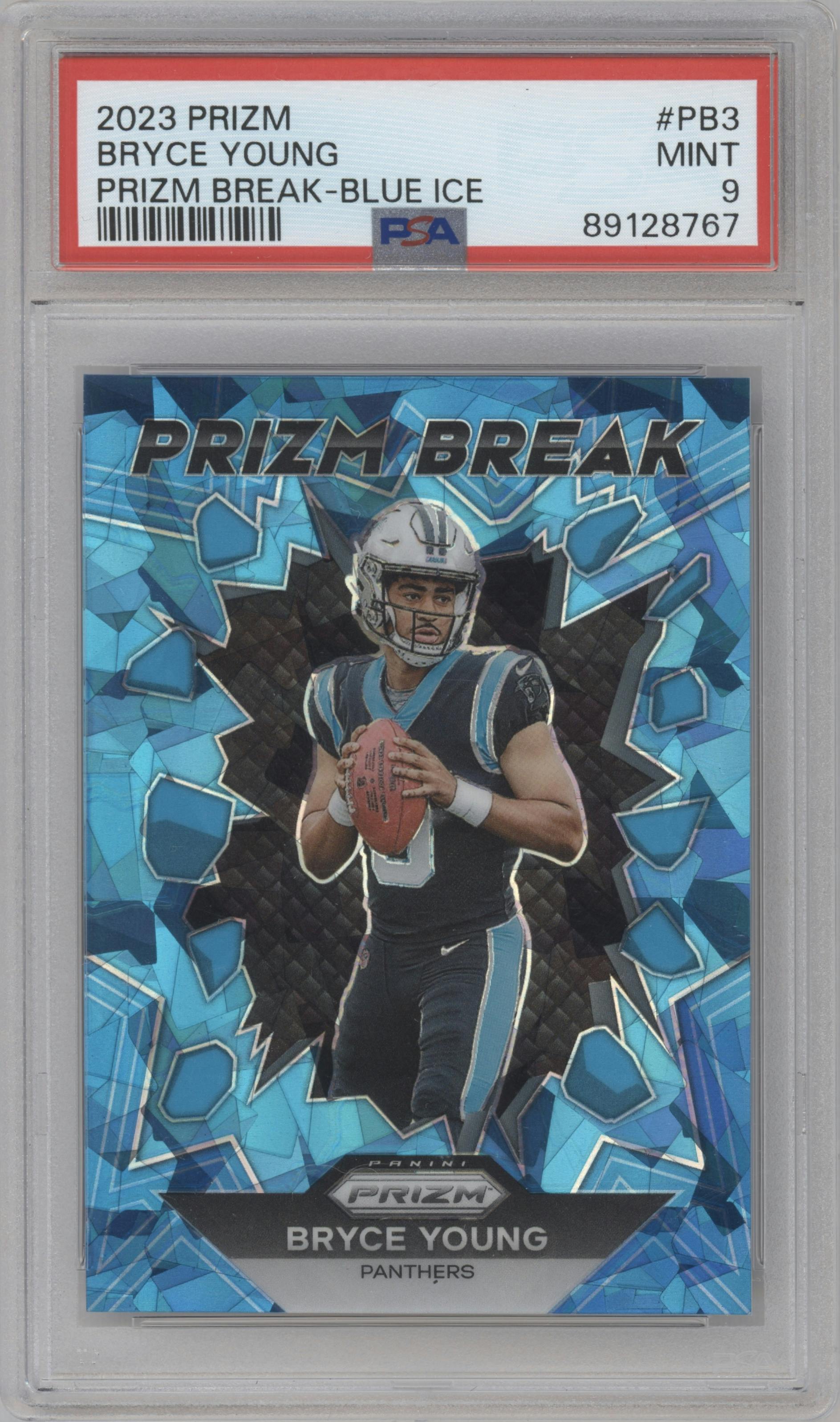 Bryce Young from the 2023 Panini Prizm set featuring a Blue Ice parallel graded by PSA and given an overall grade of 9.