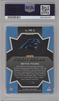 Bryce Young from the 2023 Panini Prizm set featuring a Blue Ice parallel graded by PSA and given an overall grade of 9.