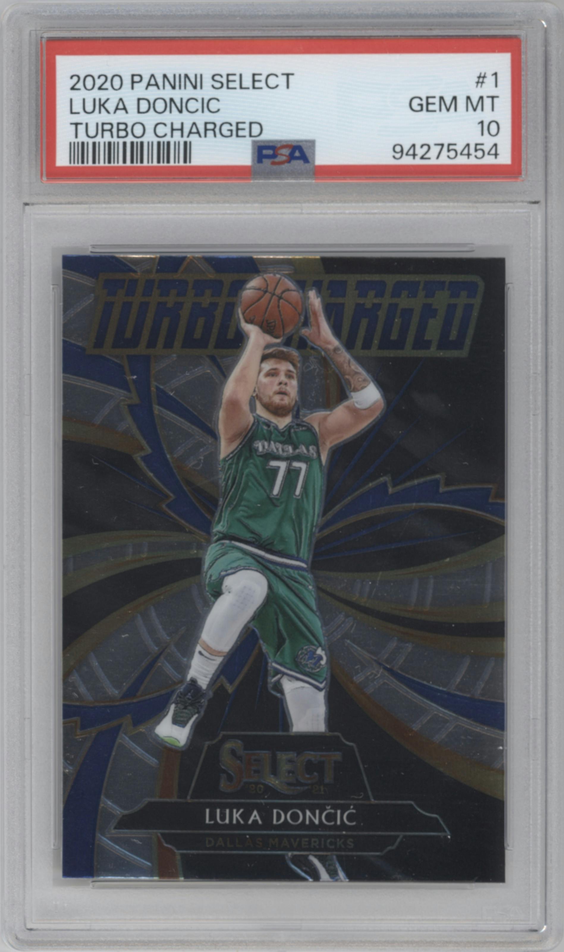 Luka Doncic from the 2020-21 Panini Select  set graded by PSA and given an overall grade of 10.