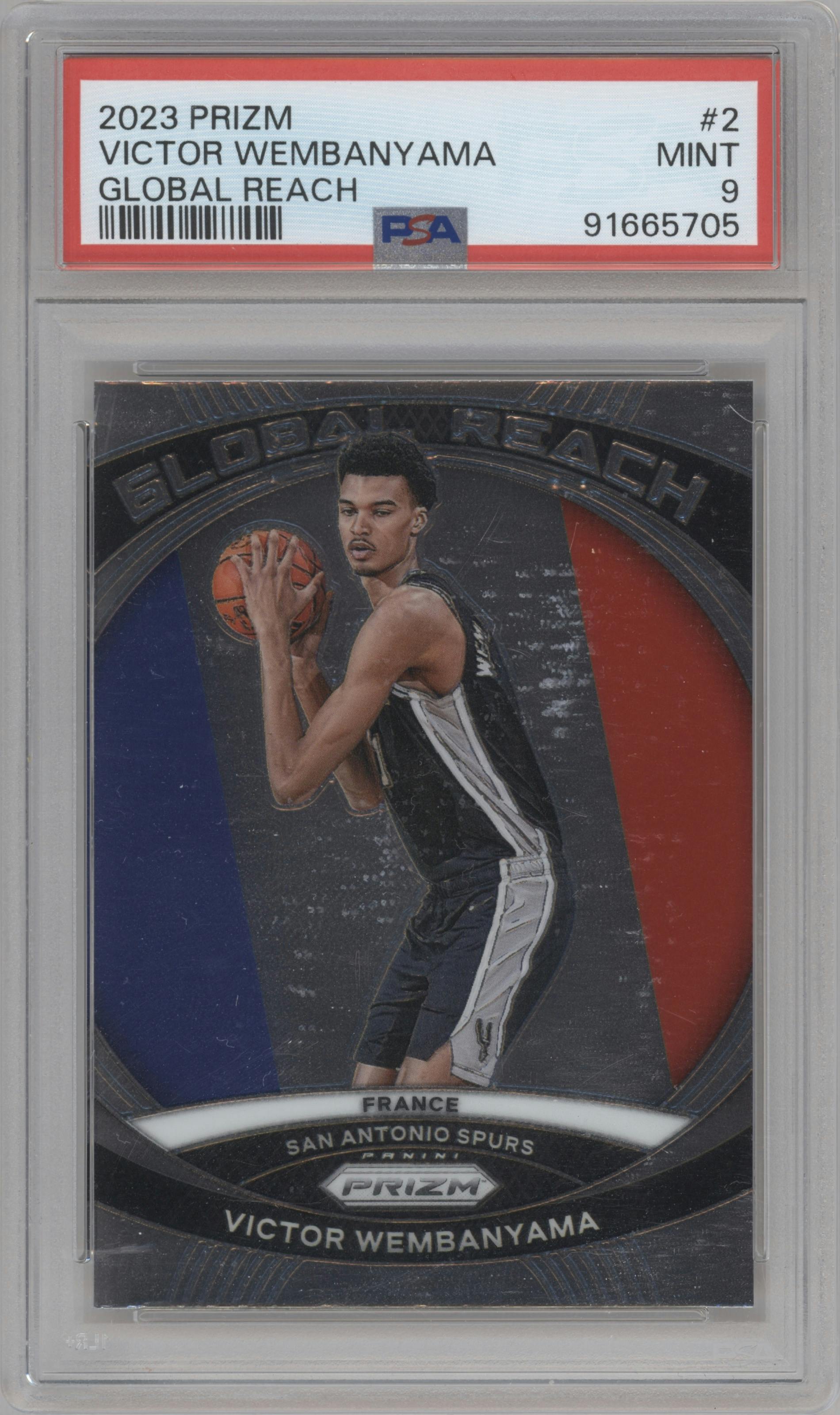 Victor Wembanyama from the 2023-24 Panini Prizm set graded by PSA and given an overall grade of 9.