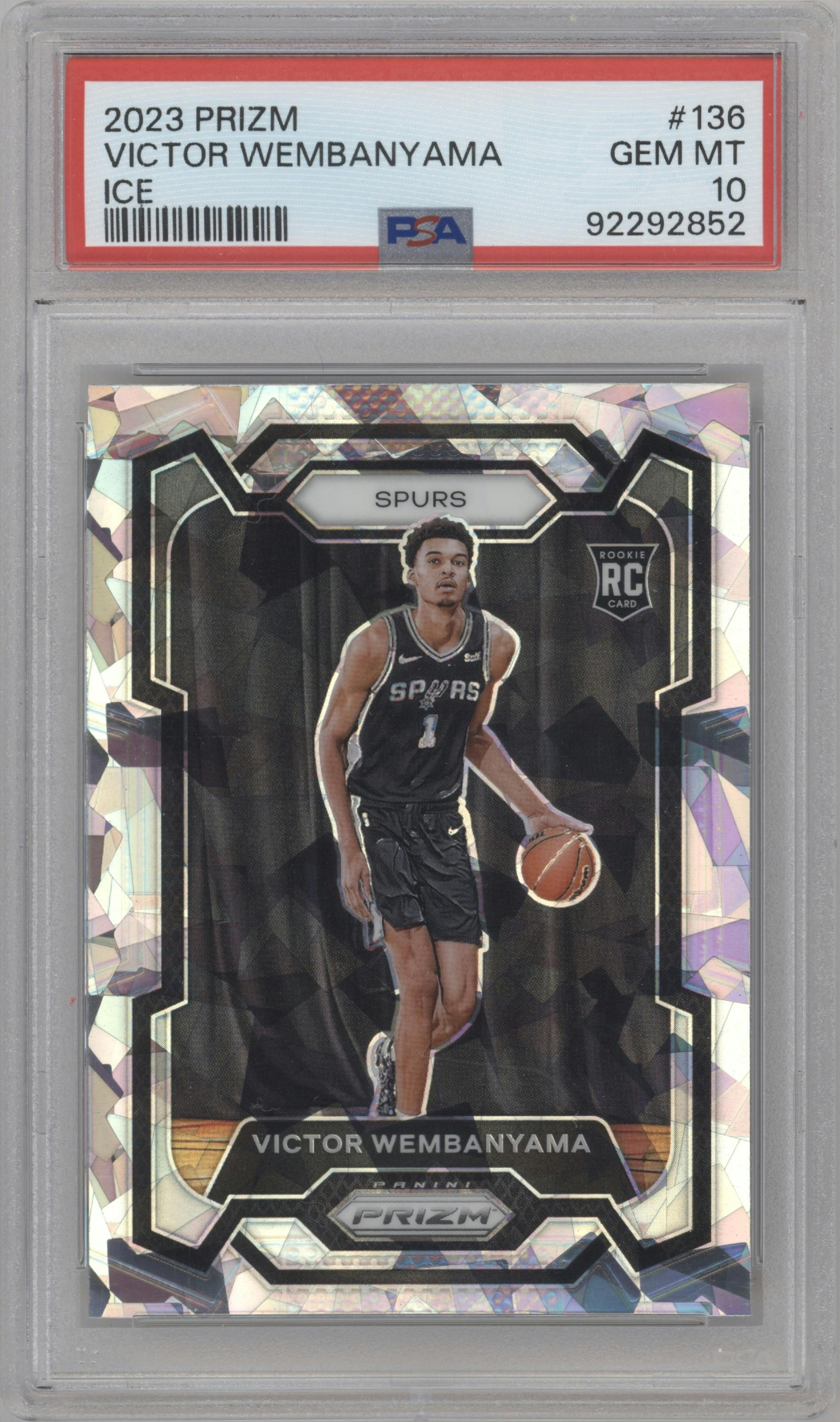 Victor Wembanyama from the 2023-24 Panini Prizm set featuring a Ice Prizm parallel graded by PSA and given an overall grade of 10.
