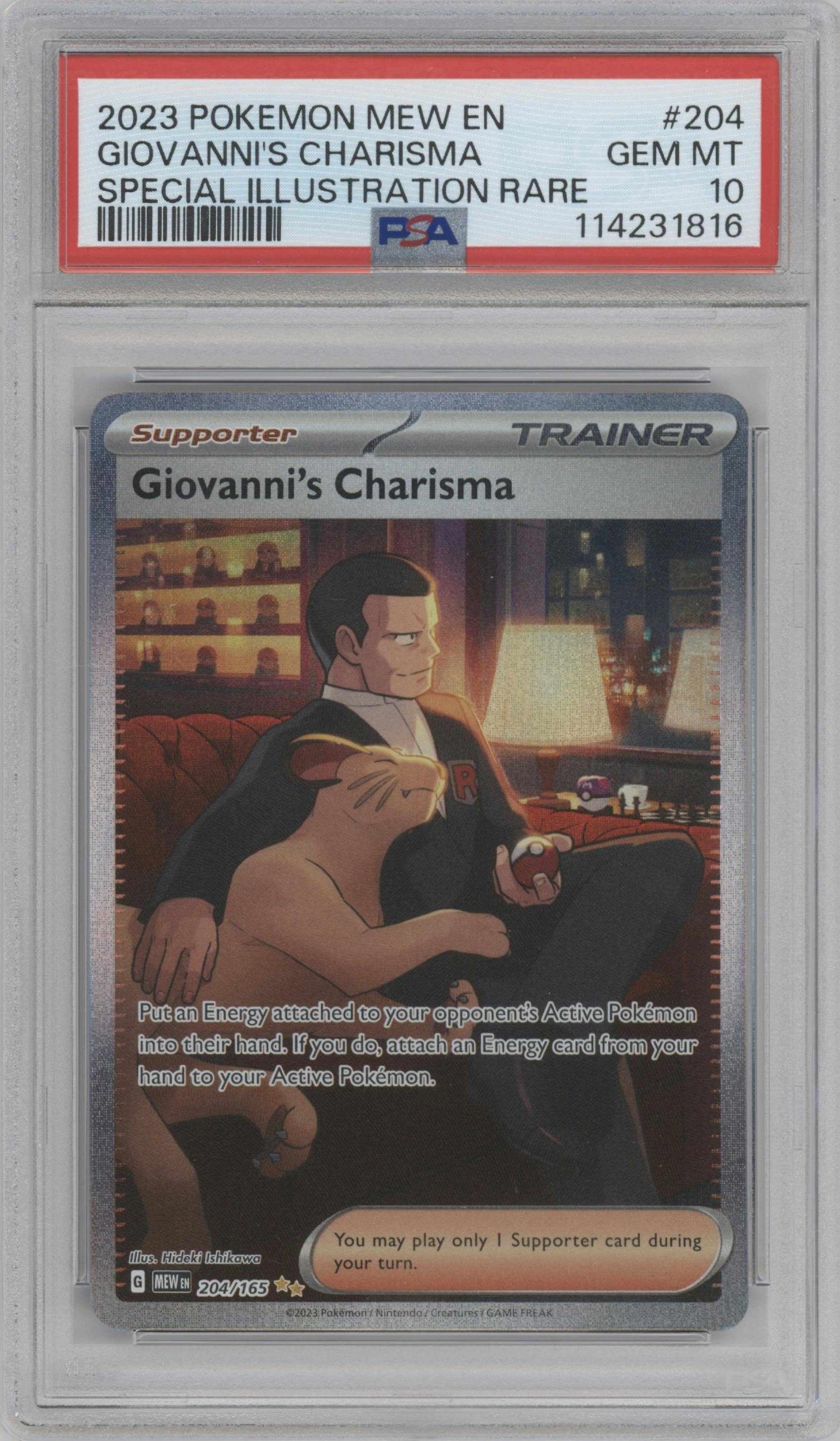 Giovanni's Charisma from the 2023 Pokemon SV set graded by PSA and given an overall grade of 10.