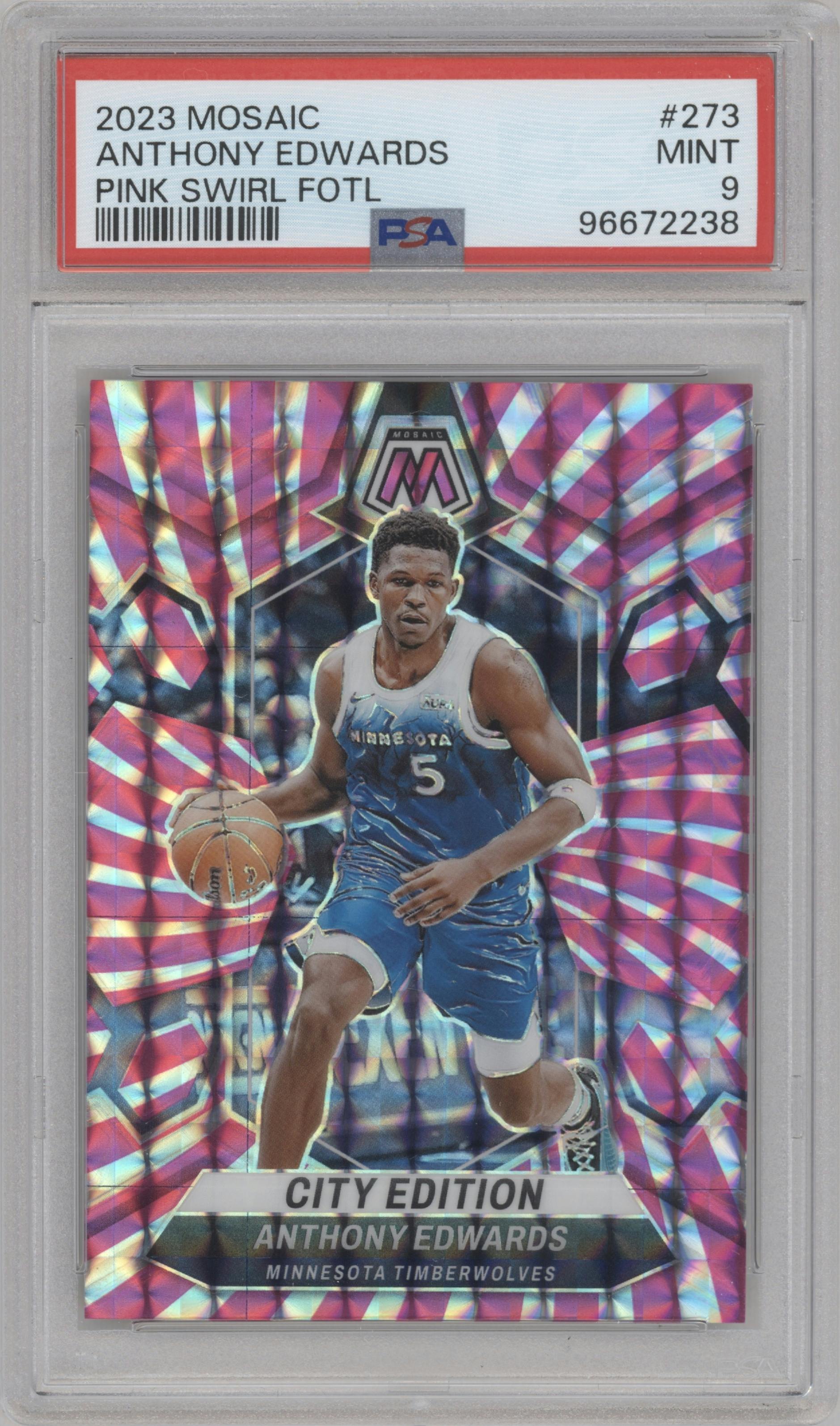 Anthony Edwards from the 2023-24 Panini Mosaic set featuring a Pink Swirl FOTL Mosaic parallel graded by PSA and given an overall grade of 9.