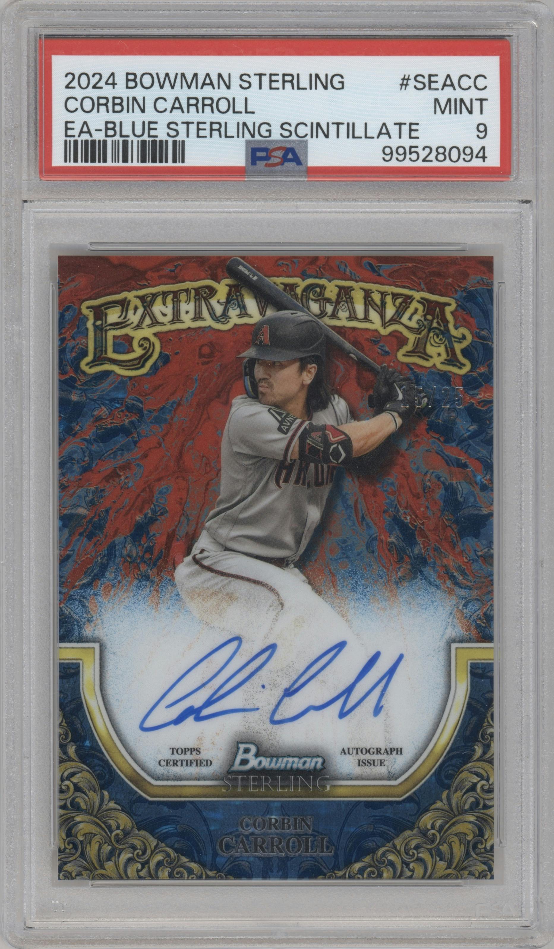 Corbin Carroll  from the 2024 Bowman Sterling set featuring a Blue Sterling Scintillate  parallel graded by PSA and given an overall grade of 9.