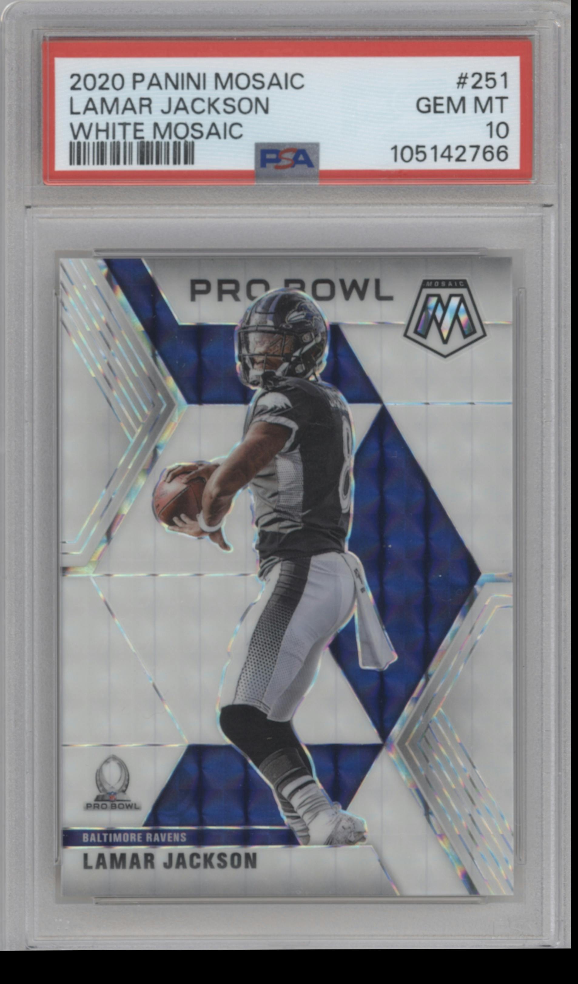 Lamar Jackson from the 2020 Panini Mosaic set featuring a White Mosaic parallel graded by PSA and given an overall grade of 10.