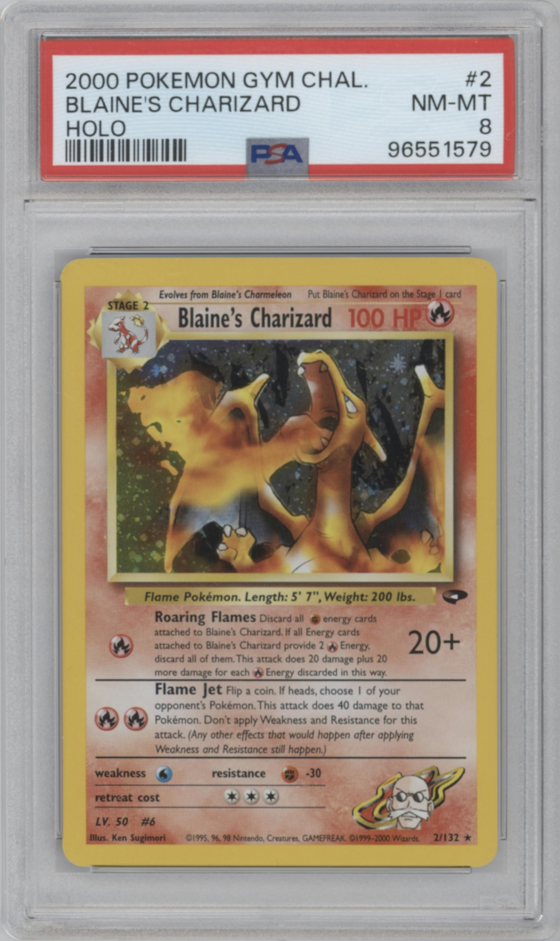 Blaine's Charizard from the 2000 Pokemon GH set graded by PSA and given an overall grade of 8.