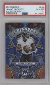 Lamar Jackson from the 2023 Panini Mosaic set graded by PSA and given an overall grade of 10.