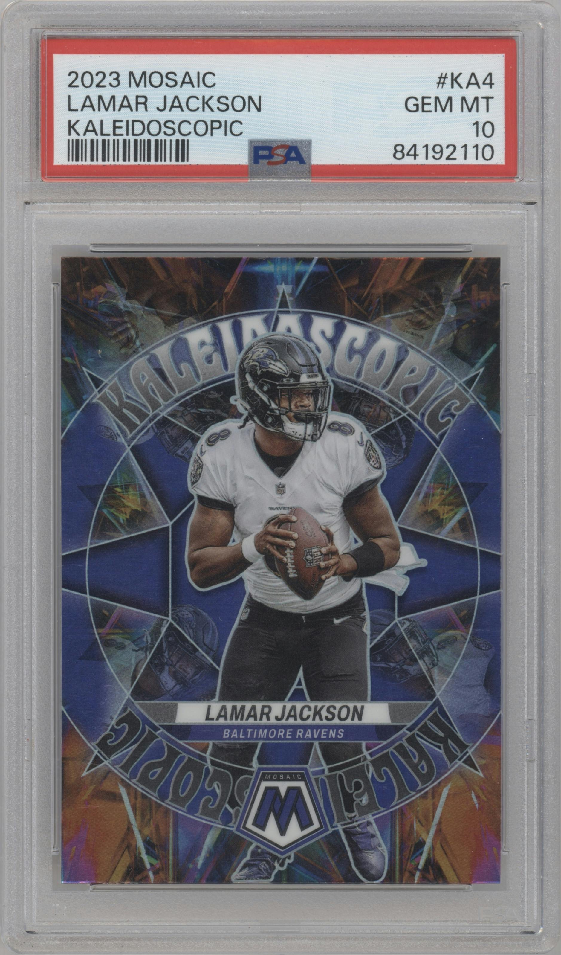 Lamar Jackson from the 2023 Panini Mosaic set graded by PSA and given an overall grade of 10.
