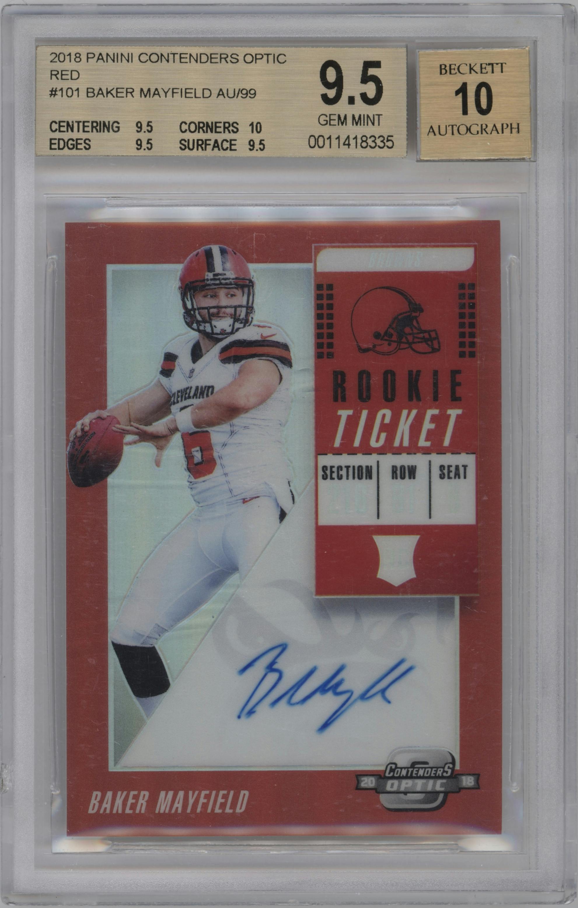 Baker Mayfield from the 2018 Panini Contenders Optic set featuring a Red parallel graded by Beckett and given an overall grade of 9.5.