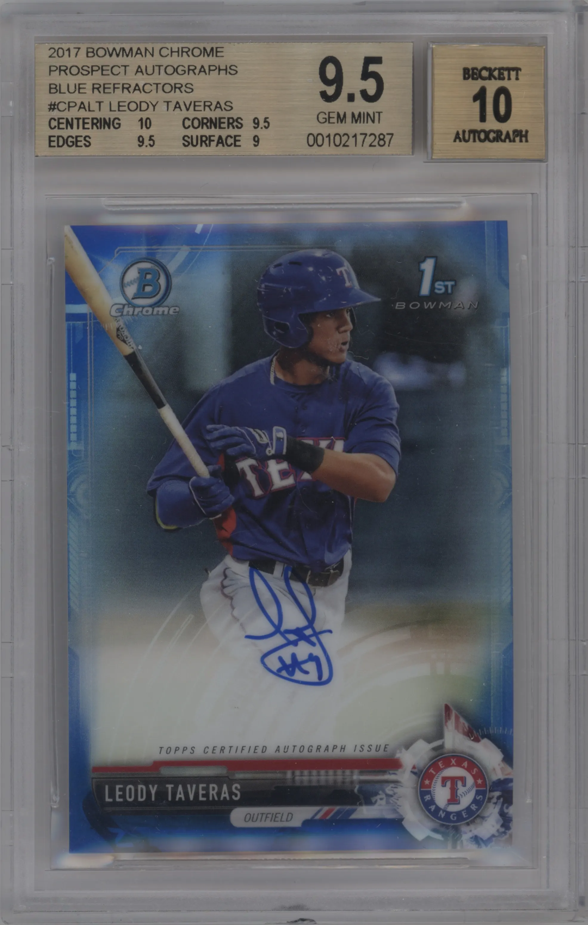 2017 Bowman Chrome Chr.Pros.Auto Leody Taveras Blue Refractor BGS 9.5