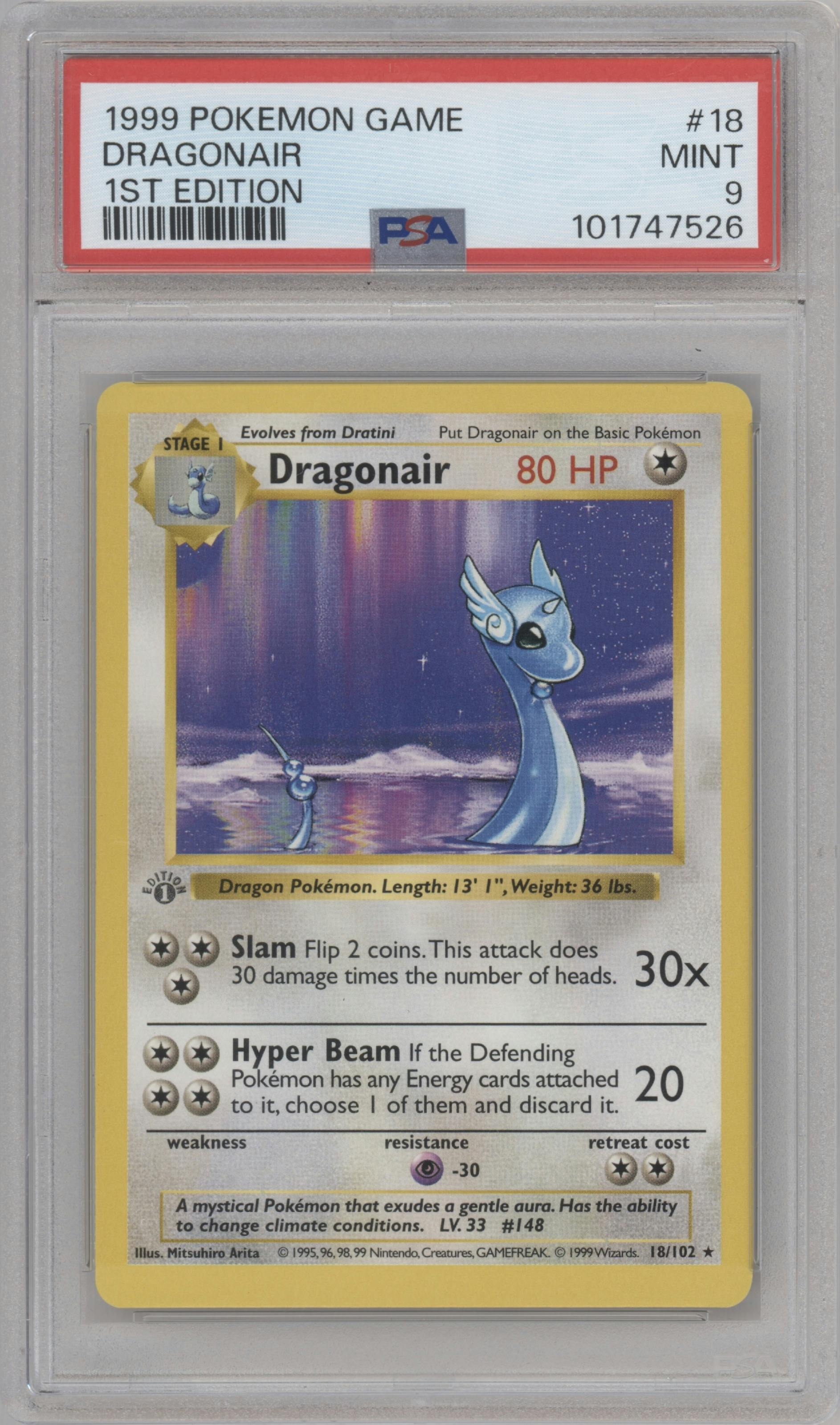 Dragonair from the 1999 Pokemon set graded by PSA and given an overall grade of 9.