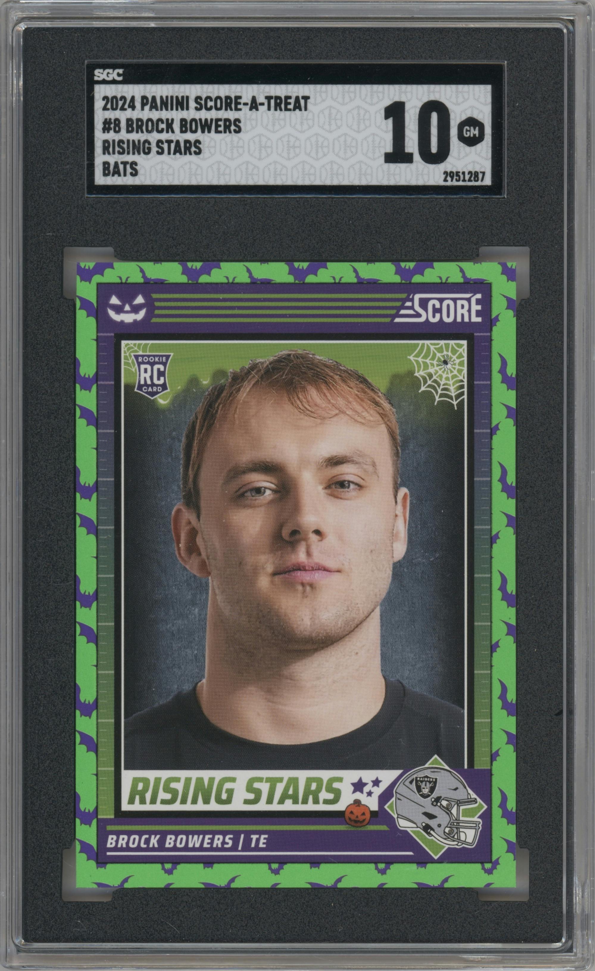 Brock Bowers from the 2024 Score-a-Treat set featuring a Bats parallel graded by SGC and given an overall grade of 10.