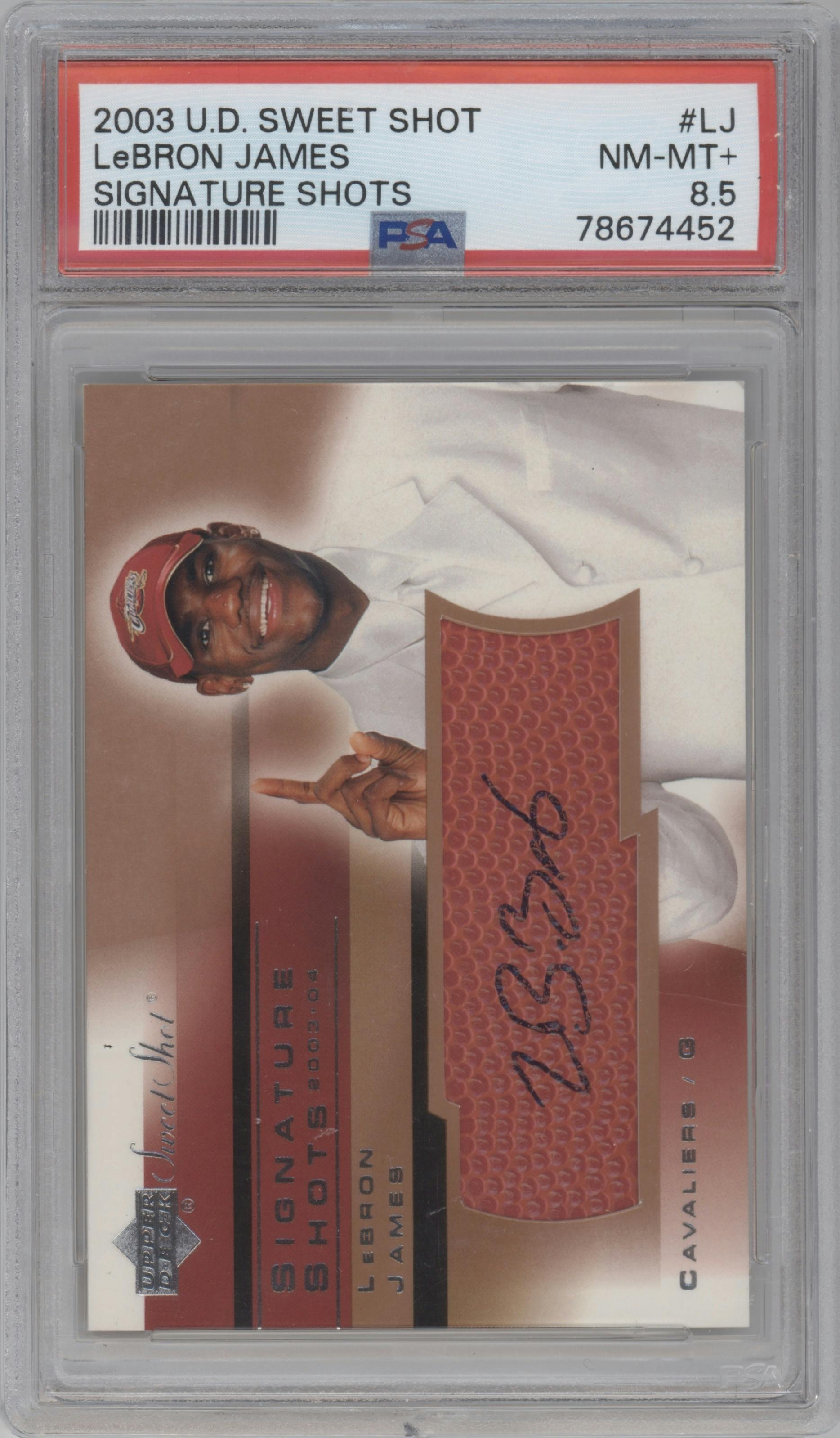 LeBron James  from the 2003-04 Upper Deck Sweet Shot set graded by PSA and given an overall grade of 8.5.