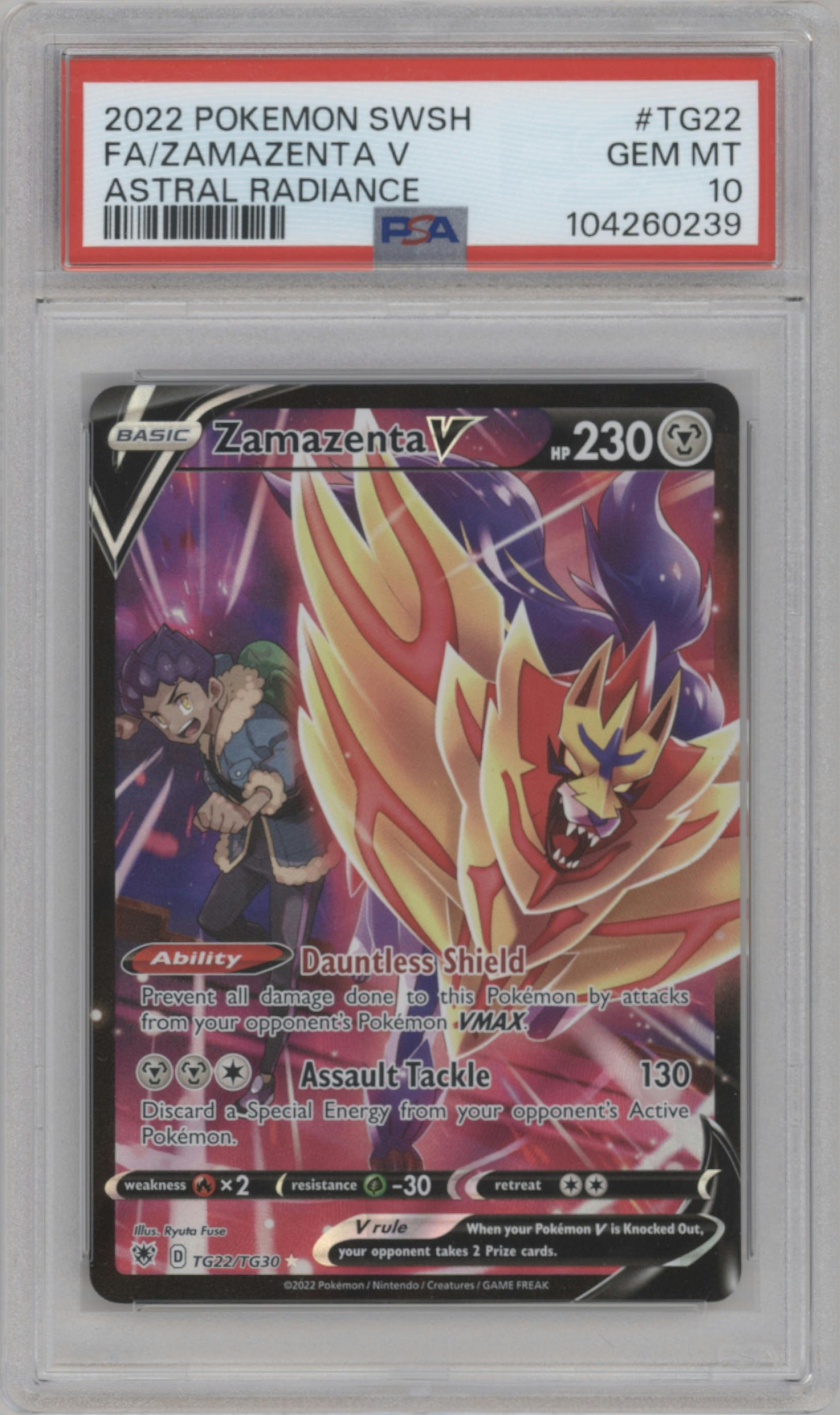 Zamazenta V from the 2022 Pokemon SWSH set graded by PSA and given an overall grade of 10.