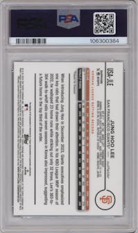Jung Hoo Lee from the 2024 Topps Chrome Update Sapphire Edition set featuring a Black Sapphire Refractor parallel graded by PSA and given an overall grade of 10.