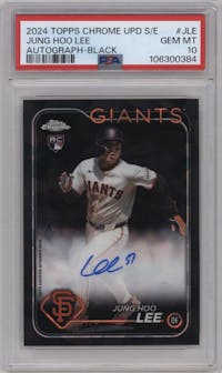 Jung Hoo Lee from the 2024 Topps Chrome Update Sapphire Edition set featuring a Black Sapphire Refractor parallel graded by PSA and given an overall grade of 10.