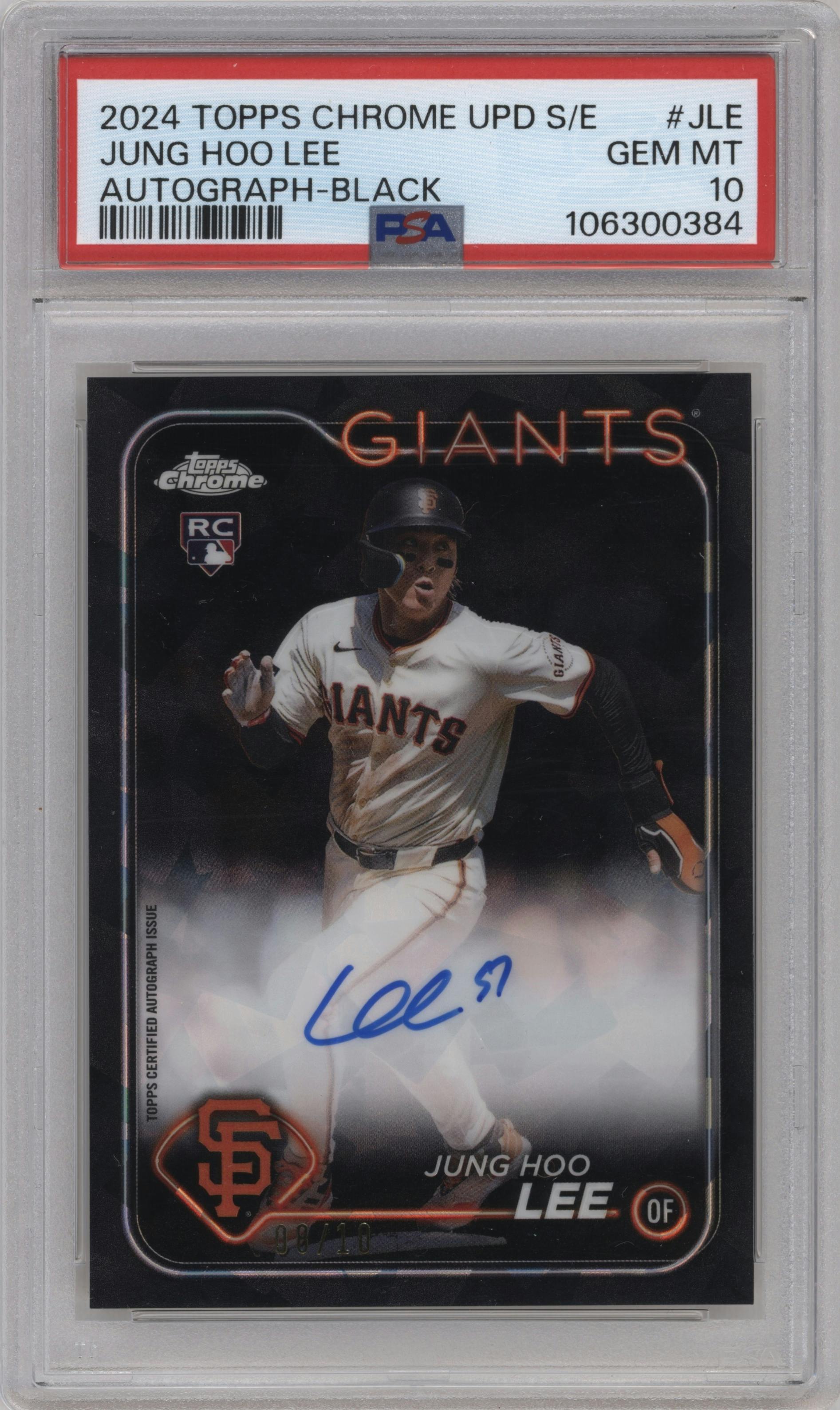 Jung Hoo Lee from the 2024 Topps Chrome Update Sapphire Edition set featuring a Black Sapphire Refractor parallel graded by PSA and given an overall grade of 10.