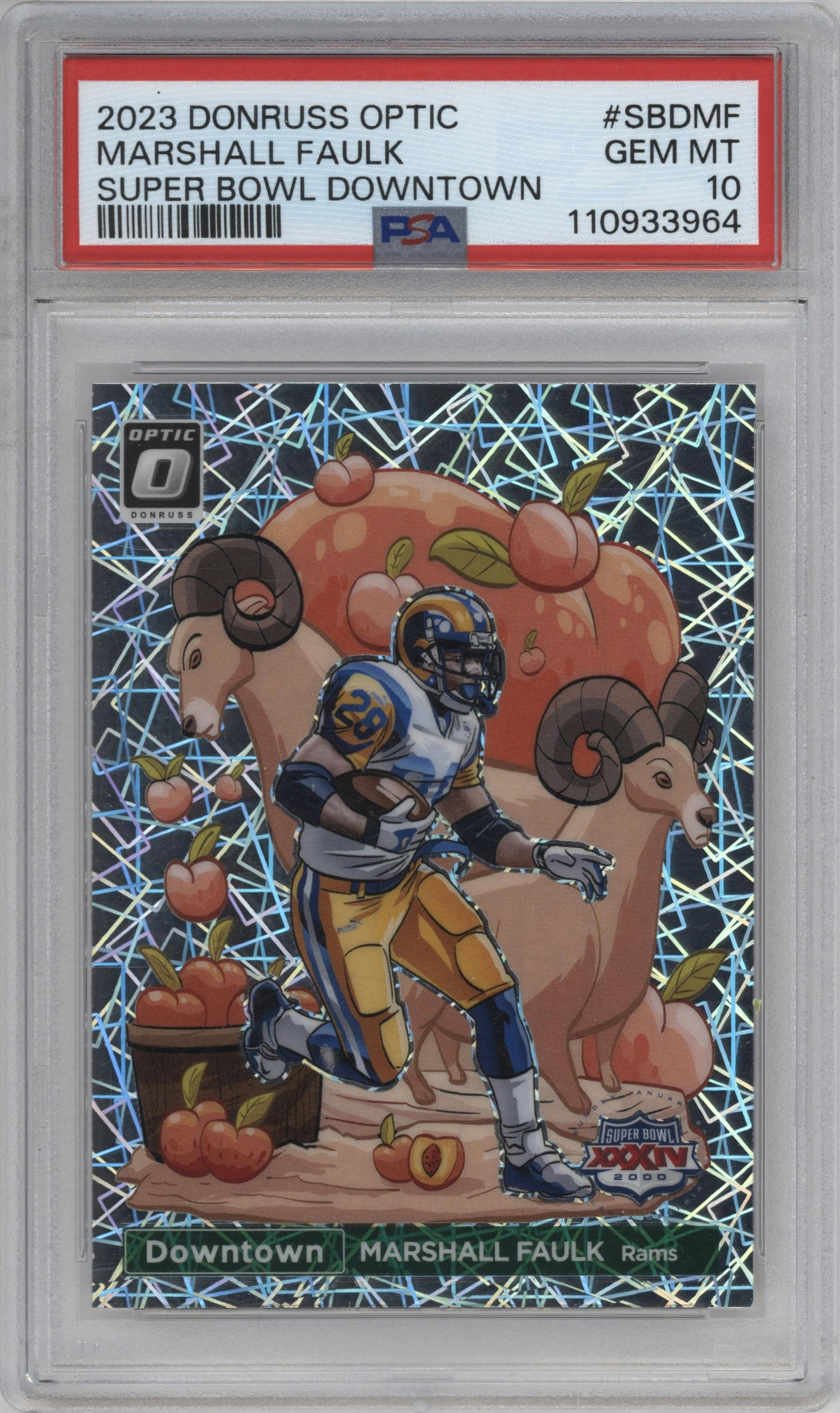 Marshall Faulk from the 2023 Donruss Optic set graded by PSA and given an overall grade of 10.